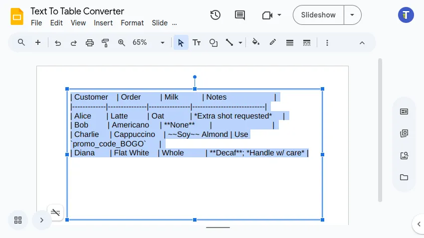 Screenshot showing markdown text selection in Google Slides