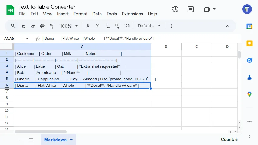 Screenshot showing markdown text selection in Google Sheets™