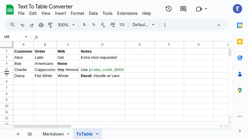 Screenshot showing markdown text converted to table in Google Sheets™