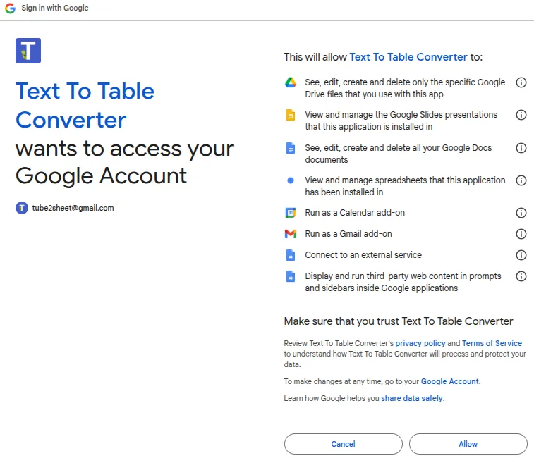 Text to Table Converter Add-On permissions