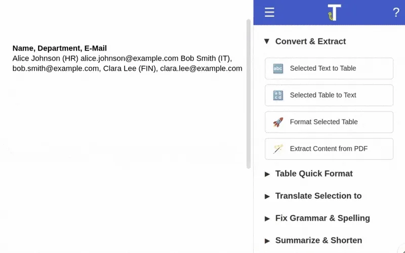 Animation showing Text to Table conversion process