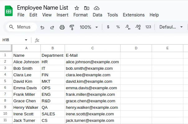 A neatly formatted table in Google Docs showing columns for Name, Department, and E-Mail, successfully converted from the example text.