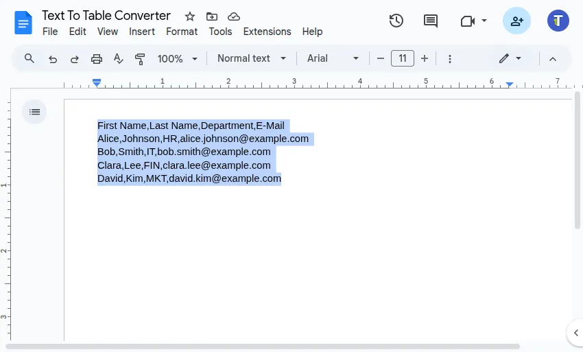 Screenshot showing text selection in Google Docs™