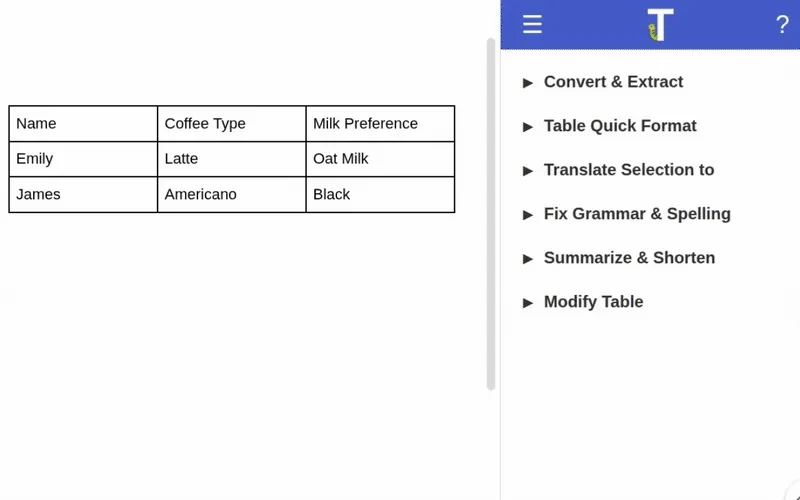 Example Table Translation animation