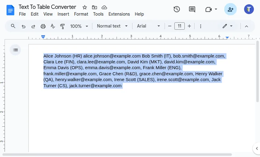 Screenshot showing unstructured employee list selected in Google Docs™