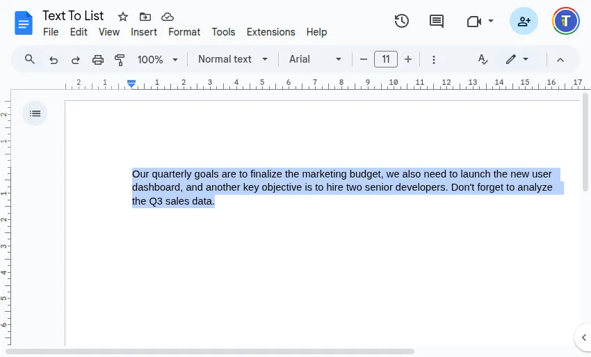 Screenshot showing a paragraph of text selected in Google Docs™