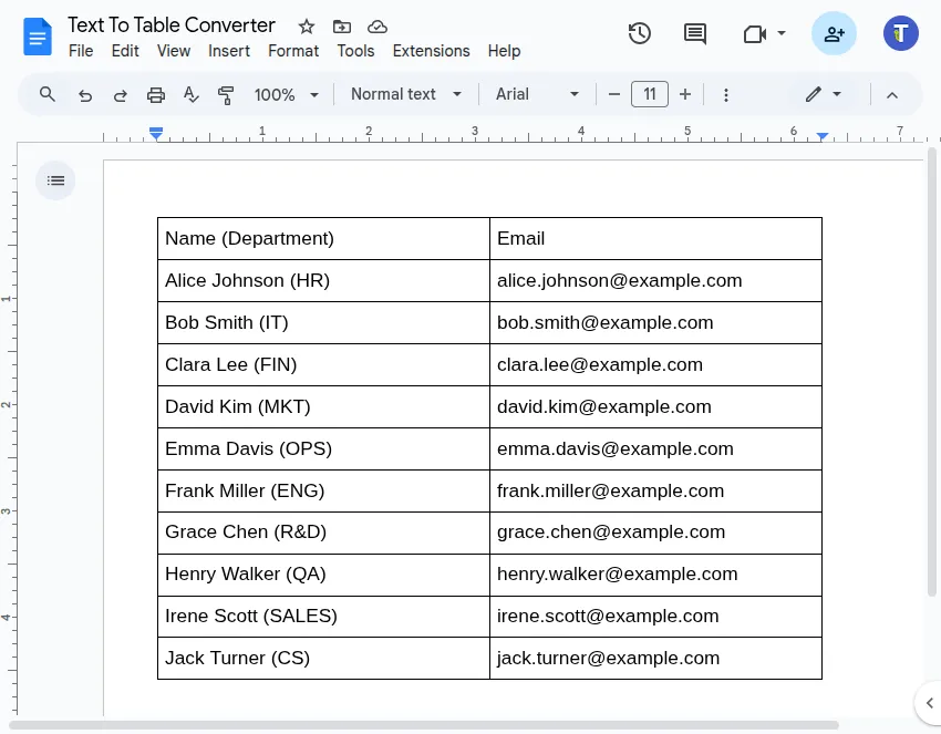 Screenshot of the resulting table created from unstructured text