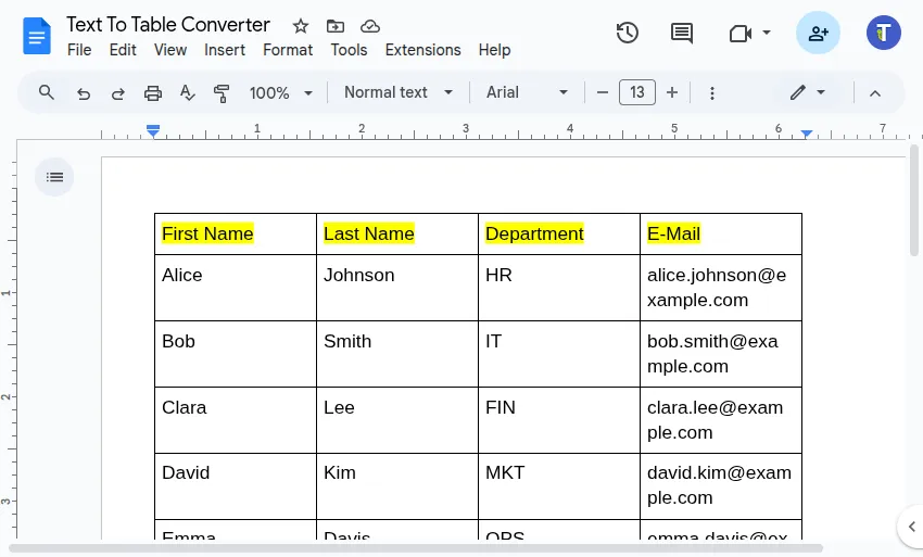 Screenshot of the resulting table created from unstructured text with split columns